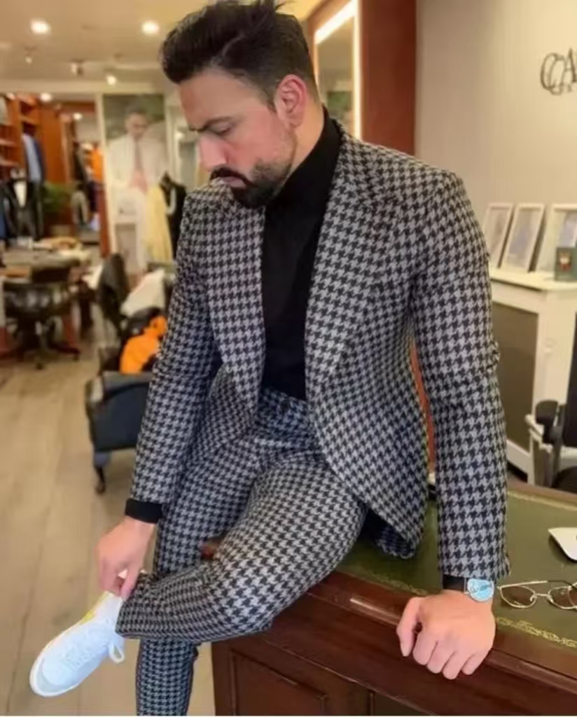 Men'S Formal Wear In Wedding - Houndstooth Vintage Herenpak Piek Revers 2-delige