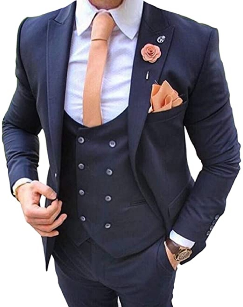 Men Formal Wear Blue - Marineblauwe Herenpakken 3-delig Kostuum Bruiloft Smoking
