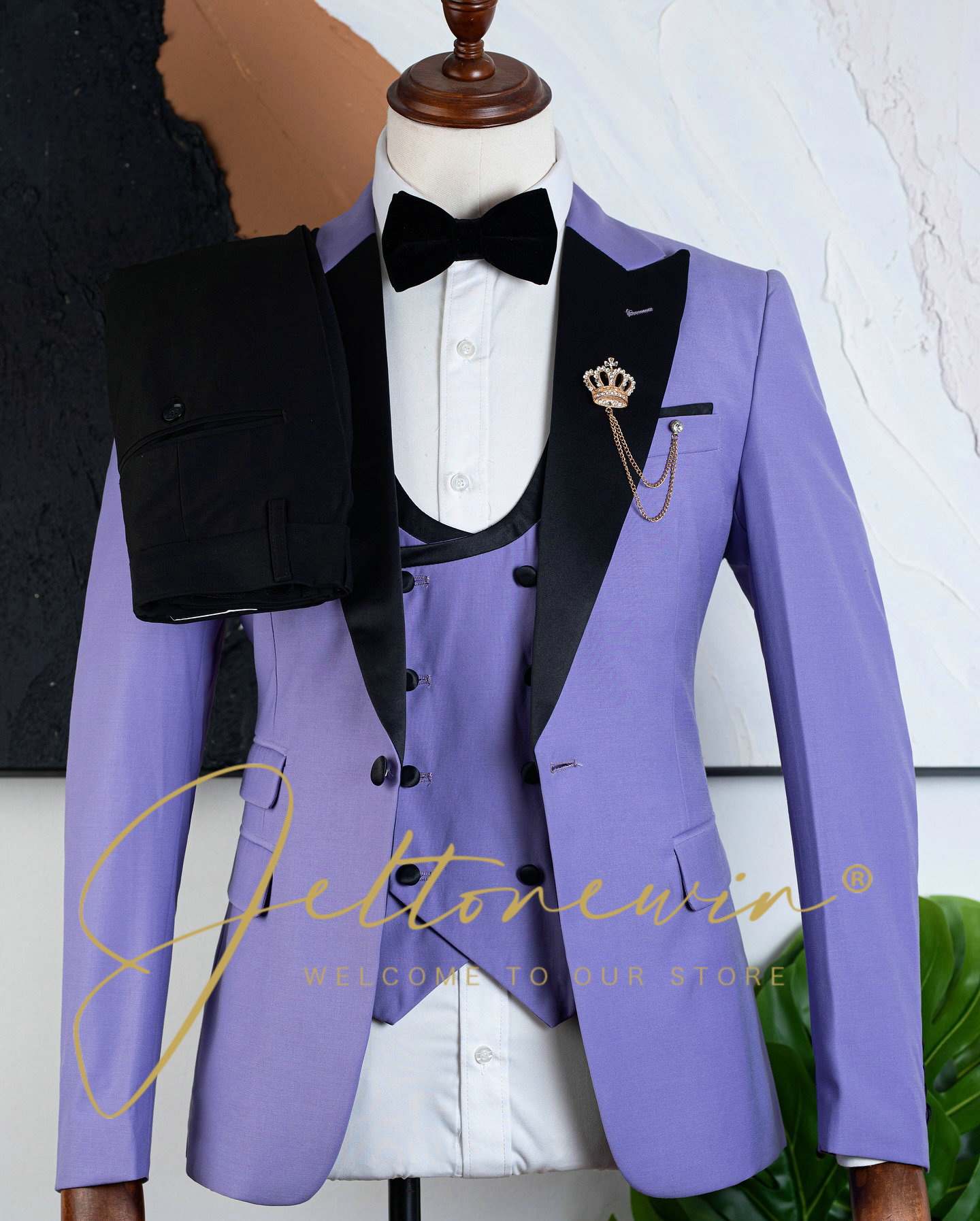 Formal Wear For Men Black Suit - Heren paarse driedelige smokingpakset met zwarte