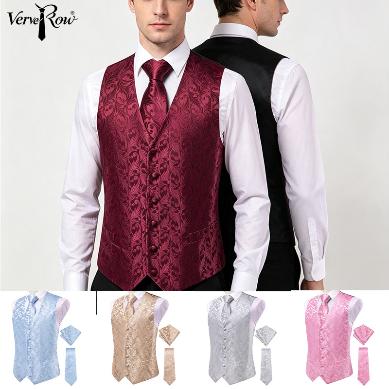 Men'S Formal Wear Waistcoat - VerveRow Heren Bourgondische Bloemige Jacquard Pakvest