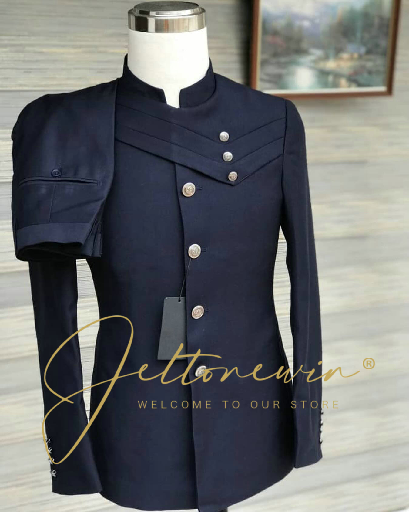 Men Formal Wear Blue - Marineblauwe herenkostuumset met opstaande kraag in