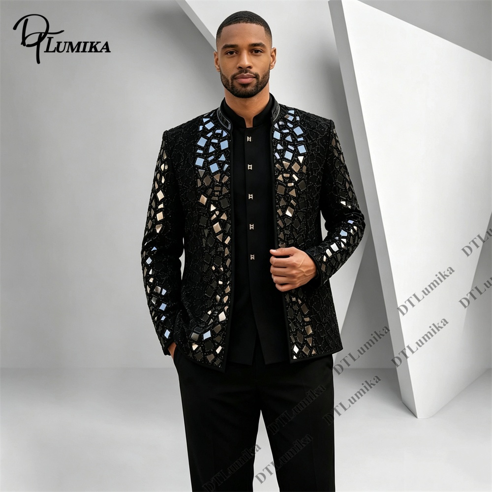 Formal Wear For Men Black Suit - Heren zwart pak met mandarijnkraag, spiegelmozaïek,
