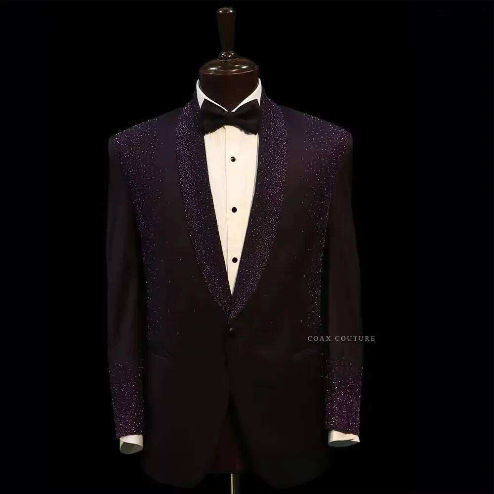 Men Formal Wear Purple - Paarse glitterkristal formele herenpakken, tweedelig bruidegomkostuum,