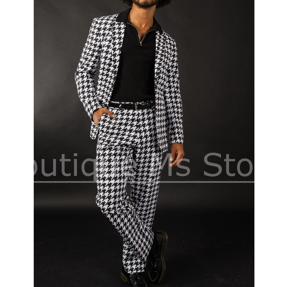 Formal Wear For Men Black Suit - Zwart Wit Houndstooth Herenpak Slim Fit